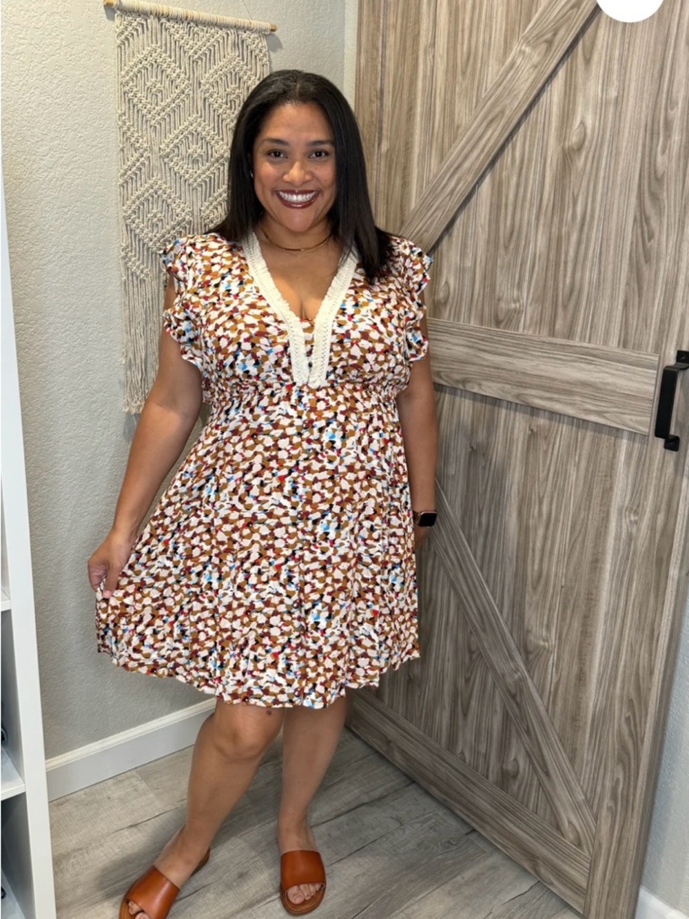 KORI Boho V-Neck Dress – Women’s Large , Brown Multi Abstract Print, Ruffled